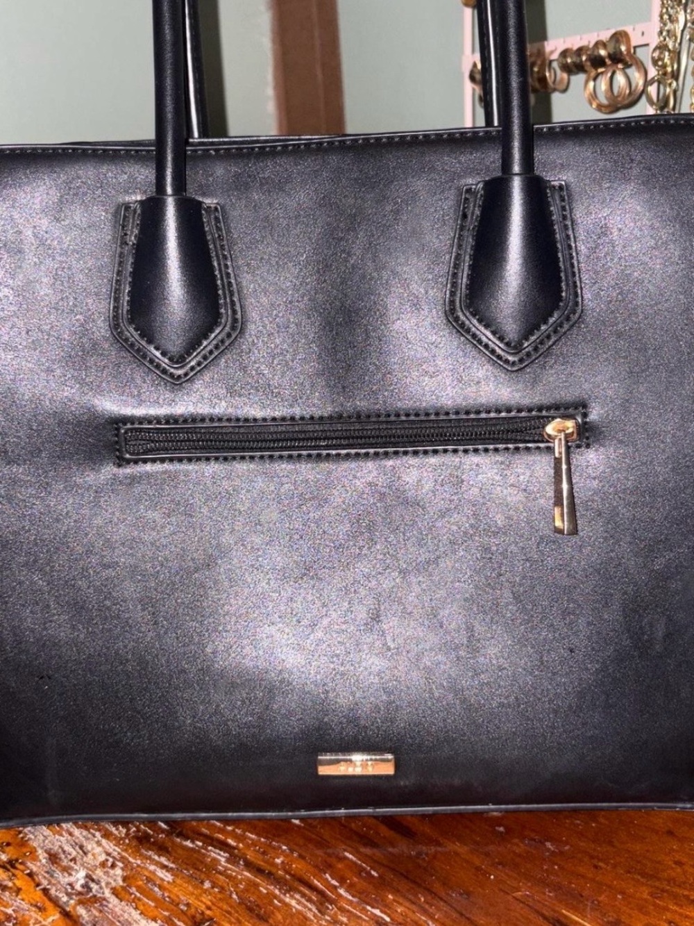 Black Faux Quilted Tote Bag with Gold Accent - Women's Handbag - Picture 2 of 5